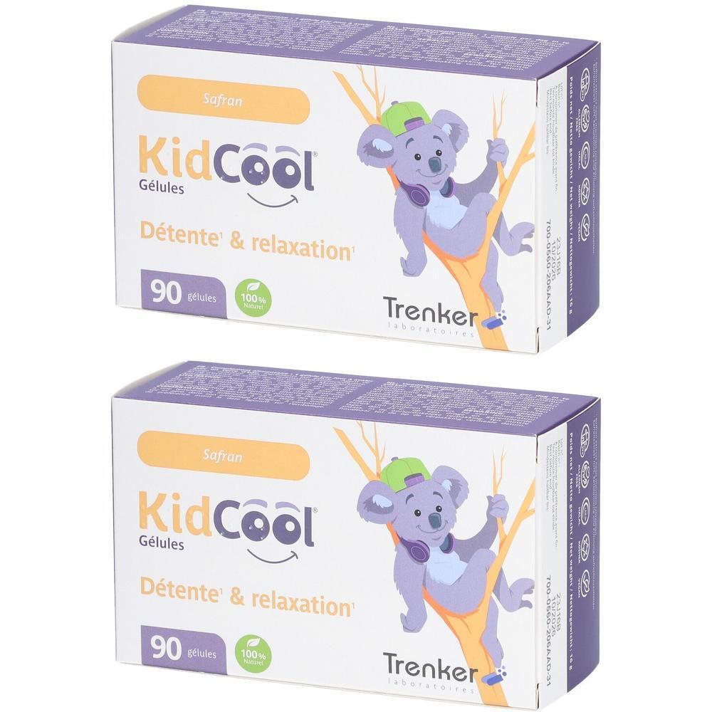 Zwei Packungen KidCool Gelules. Aufdruck: Safran, Détente & relaxation, 90 Kapseln, Koala-Illustration, Trenker.
