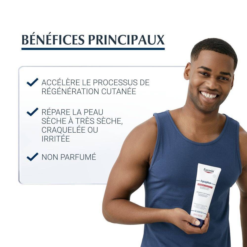 Un homme tenant un tube de pommade Eucerin Aquaphor. Le texte liste les avantages : accélère la régénération, répare la peau sèche, non parfumé.