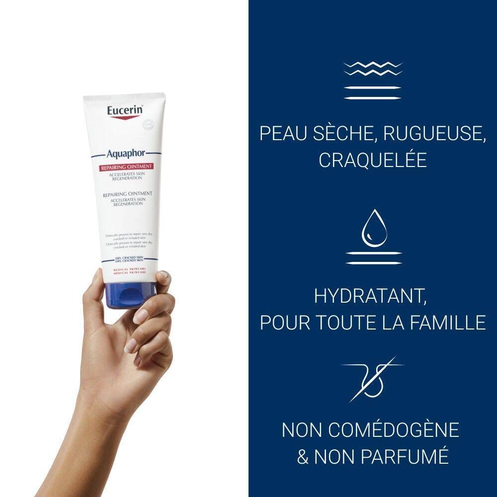 Une main tenant un tube de pommade Eucerin Aquaphor. Icônes et texte indiquent : pour peau sèche, rugueuse, craquelée ; hydratant ; non comédogène et non parfumé.