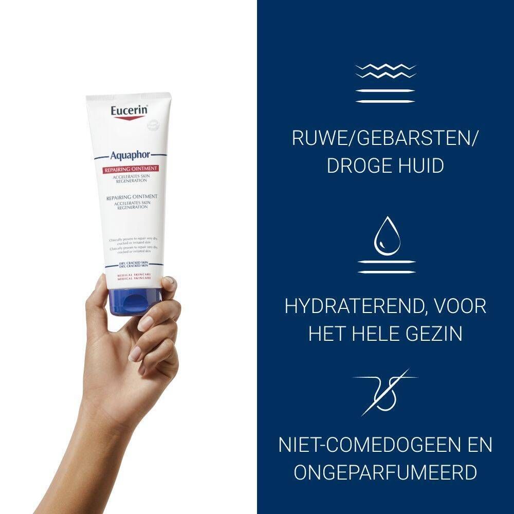 Hand houdt een tube Eucerin Aquaphor zalf vast. Iconen en tekst tonen: voor ruwe/gebarsten/droge huid, hydraterend, niet-comedogeen en ongeparfumeerd.