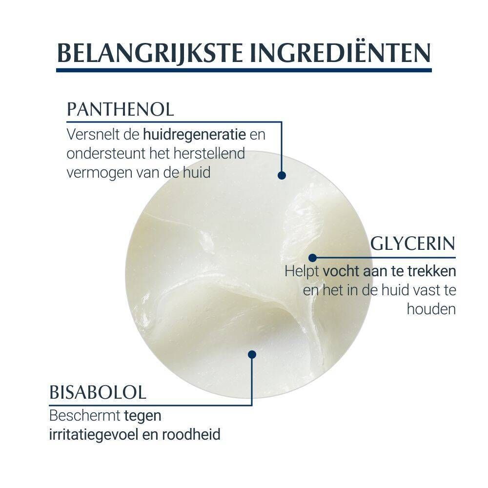 Close-up van de zalftextuur van Eucerin Aquaphor met markeringen voor Panthenol, Glycerine en Bisabolol.