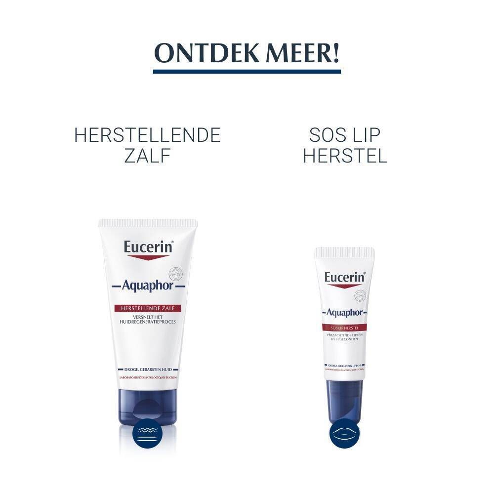 Twee Eucerin Aquaphor producten: een grote tube zalf en een kleinere tube lippenbalsem.