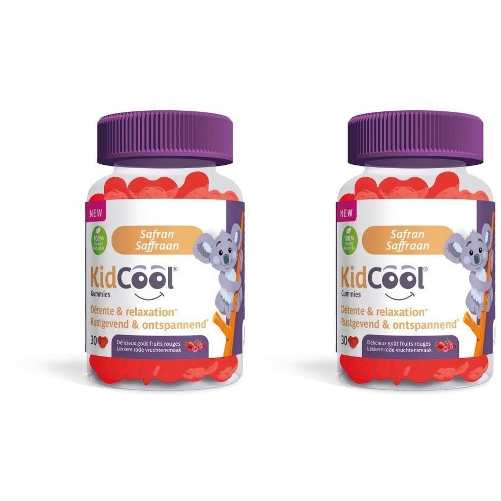 Zwei Flaschen KidCool Gummies mit lila Deckel. Aufschrift: Safran, 30 Gummies. Abbildung eines Koalas.