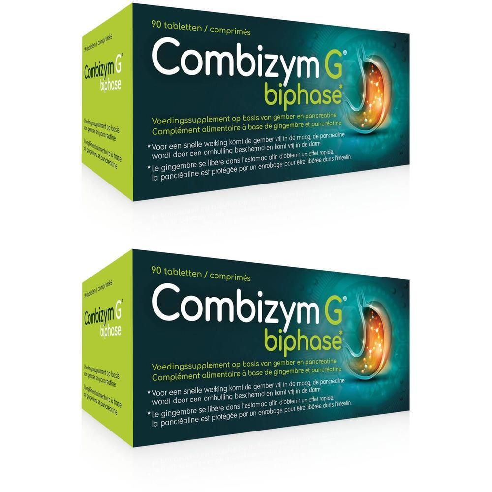 Zwei Schachteln Combizym G biphase. Aufschrift: 90 Tabletten. Grün-weiße Verpackung mit Produktnamen und Logo.