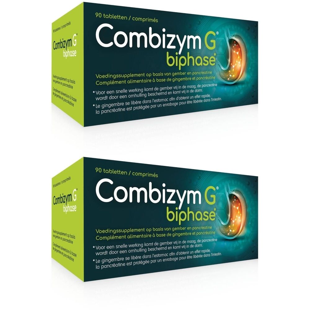 Deux boîtes de Combizym G biphase. Inscription : 90 comprimés. Emballage vert et blanc avec nom et logo.