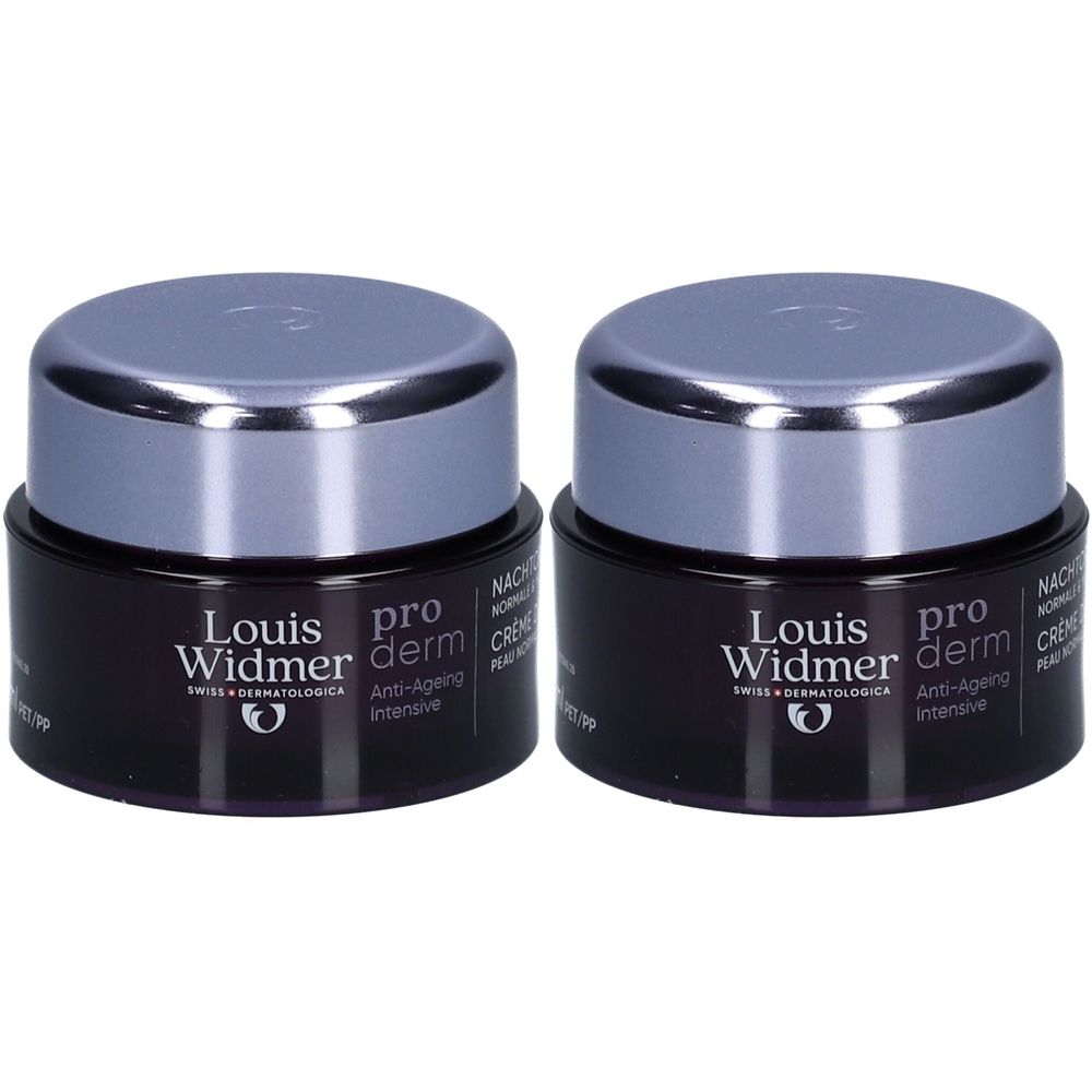 Zwei Tiegel Louis Widmer Proderm Anti-Ageing Nachtcreme. Schwarze Gläser mit silbernen Deckeln. Text: Anti-Ageing Intensive.