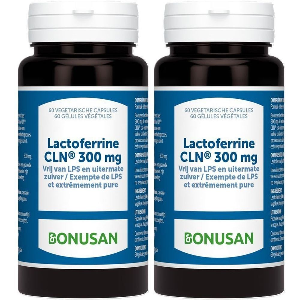 Zwei Flaschen Bonusan Laktoferrin CLN® 300 mg. Blaue Etiketten, weiße Deckel. Text: Laktoferrine CLN® 300 mg, Bonusan.