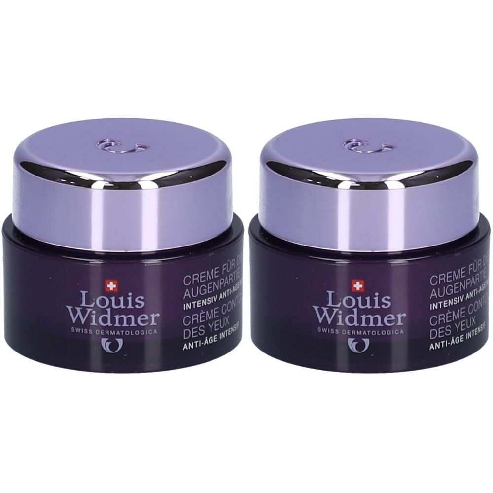 Zwei Tiegel Louis Widmer Proderm Augencreme. Dunkelviolette Gläser mit silbernen Deckeln. Aufschrift: Louis Widmer.