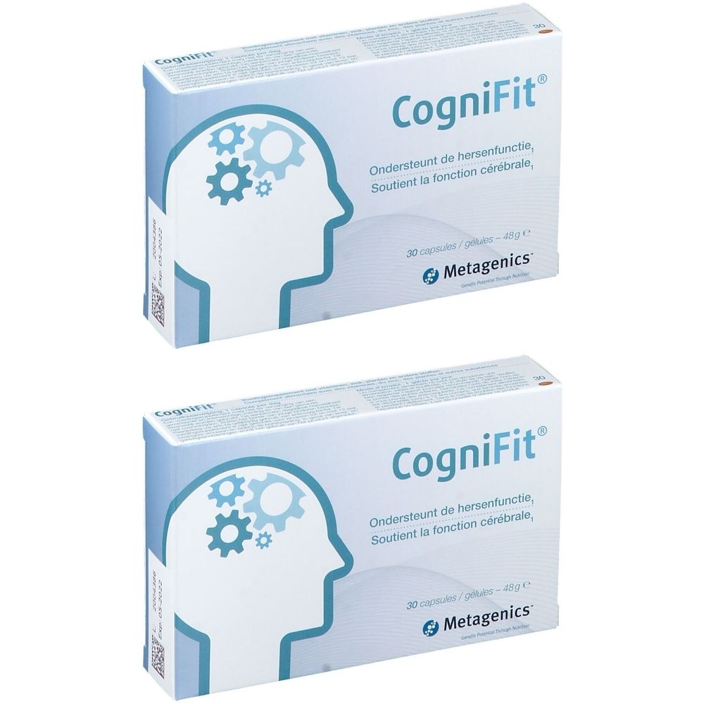 Twee dozen Metagenics CogniFit. Blauwe verpakking met productnaam en illustratie van een hoofd met tandwielen.