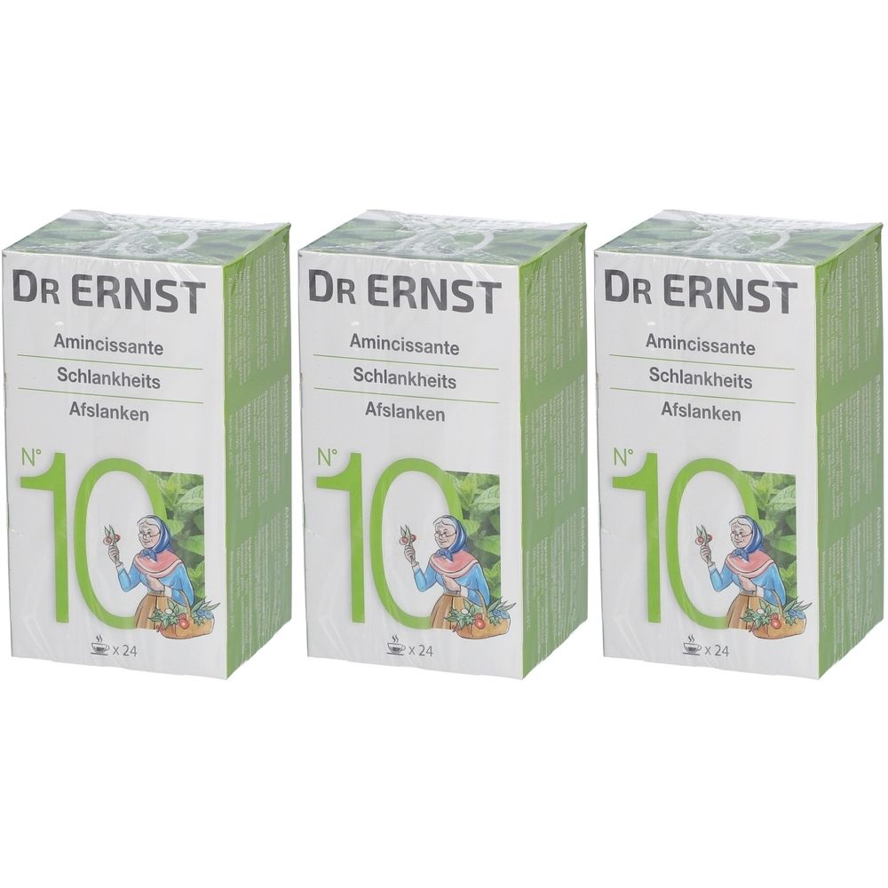 Drie dozen DR. ERNST's Nr. 10 Amincissante. Groen-witte verpakking met tekst en illustratie.