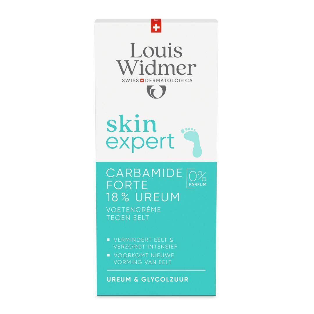Twee tubes Skin Expert Carbamide Forte 18% Urée met 1+1 aanbieding. Anti-eelt voetcrème. Wit-turkoois verpakking.