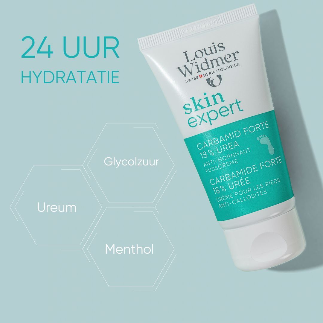 Skin Expert Carbamide Forte 18% Urée voetcrème. Productafbeelding met tekst over ingrediënten en 24u hydratatie.
