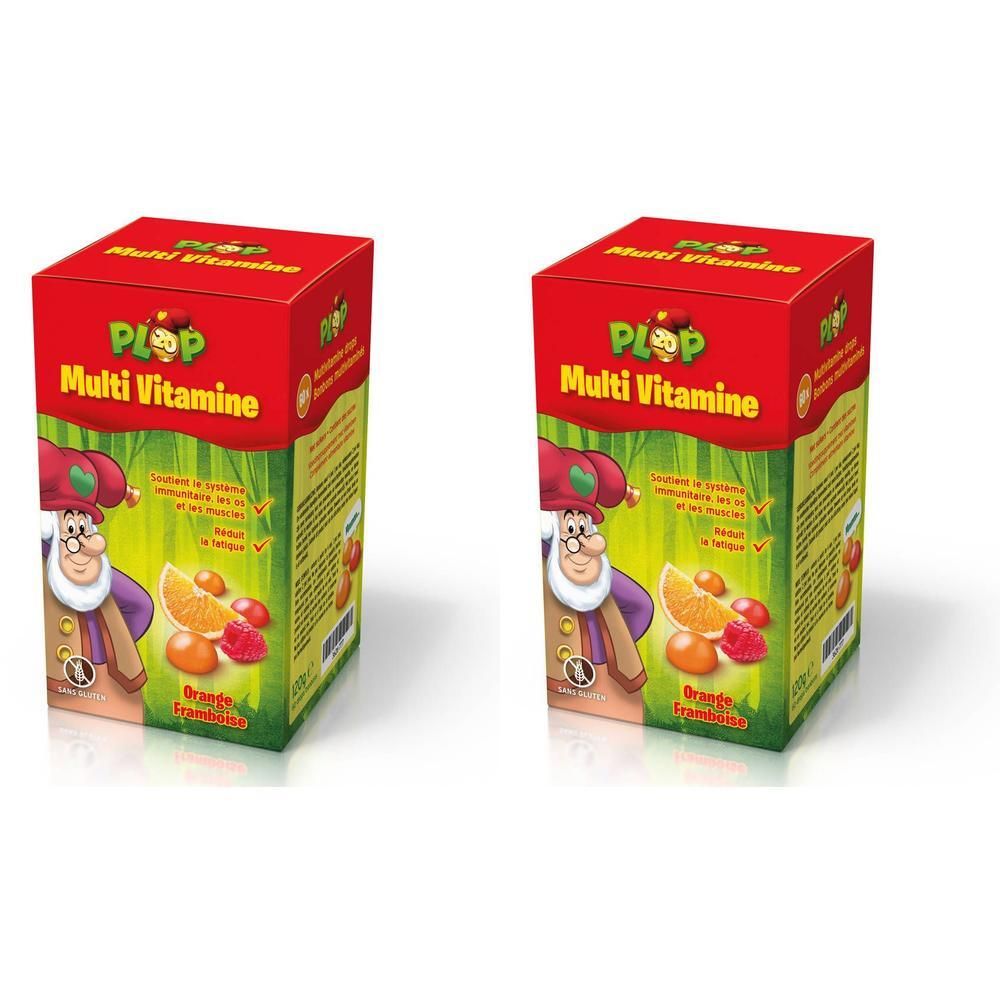 Zwei Schachteln Plop Multivitamin Gummidrops. Rote Verpackung mit Produktnamen und Illustrationen von Früchten und einer Figur.