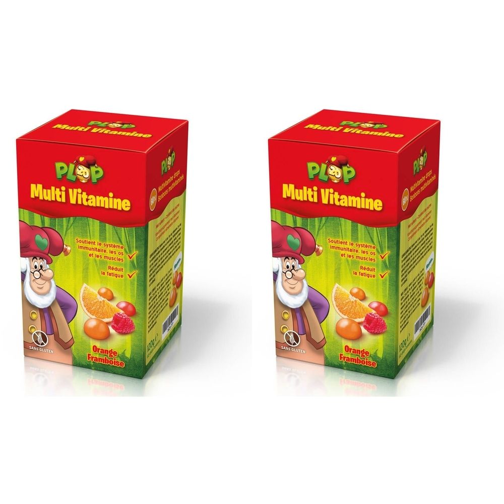 Twee dozen Plop Multivitamine Gummidrops. Rode verpakking met productnaam en illustraties van fruit en een figuur.