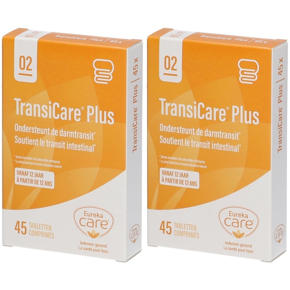 Twee dozen TransiCare Plus. Oranje verpakking met productnaam en logo. 45 tabletten.
