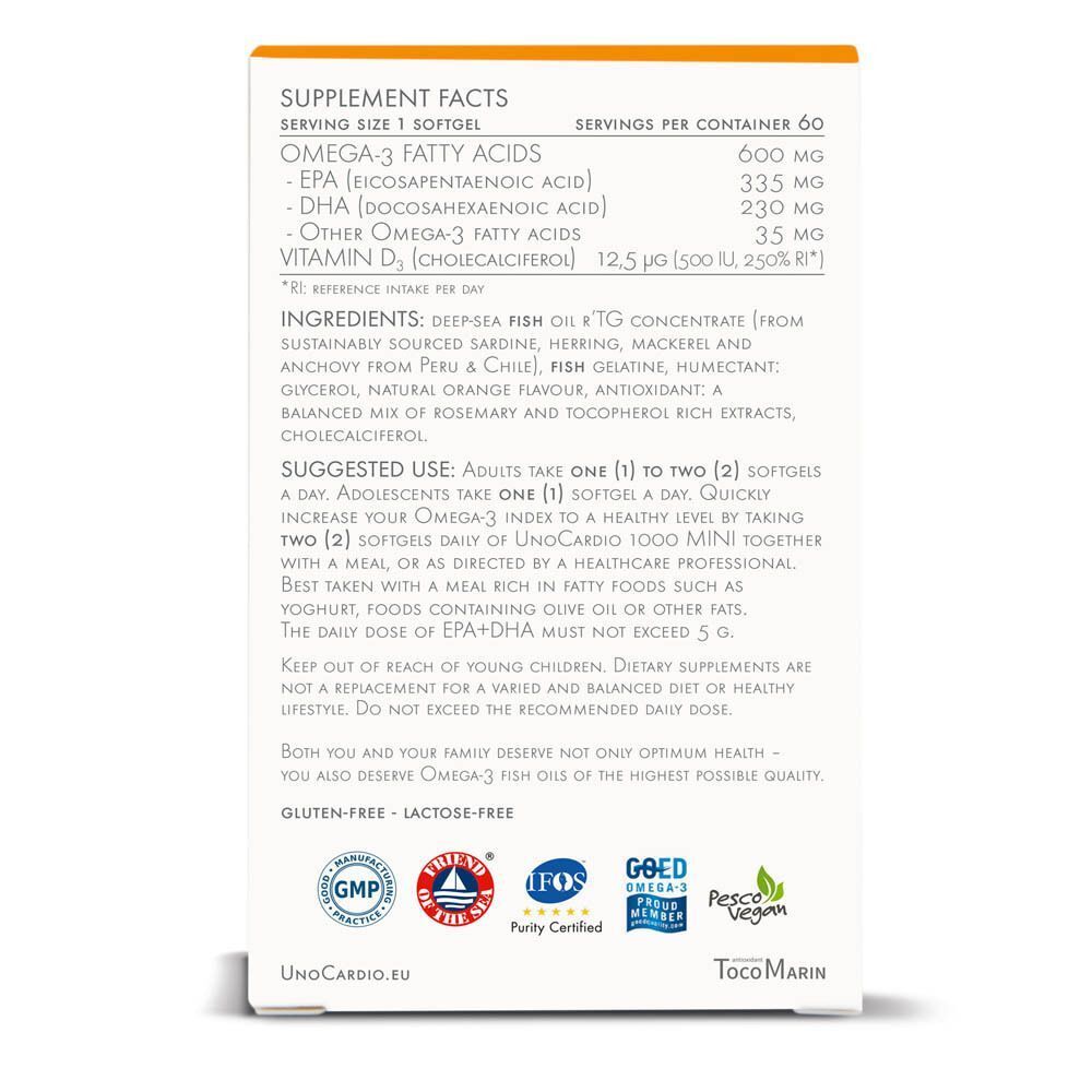 Deux paquets UnoCardio 1000 MINI, 60 softgels chacun.