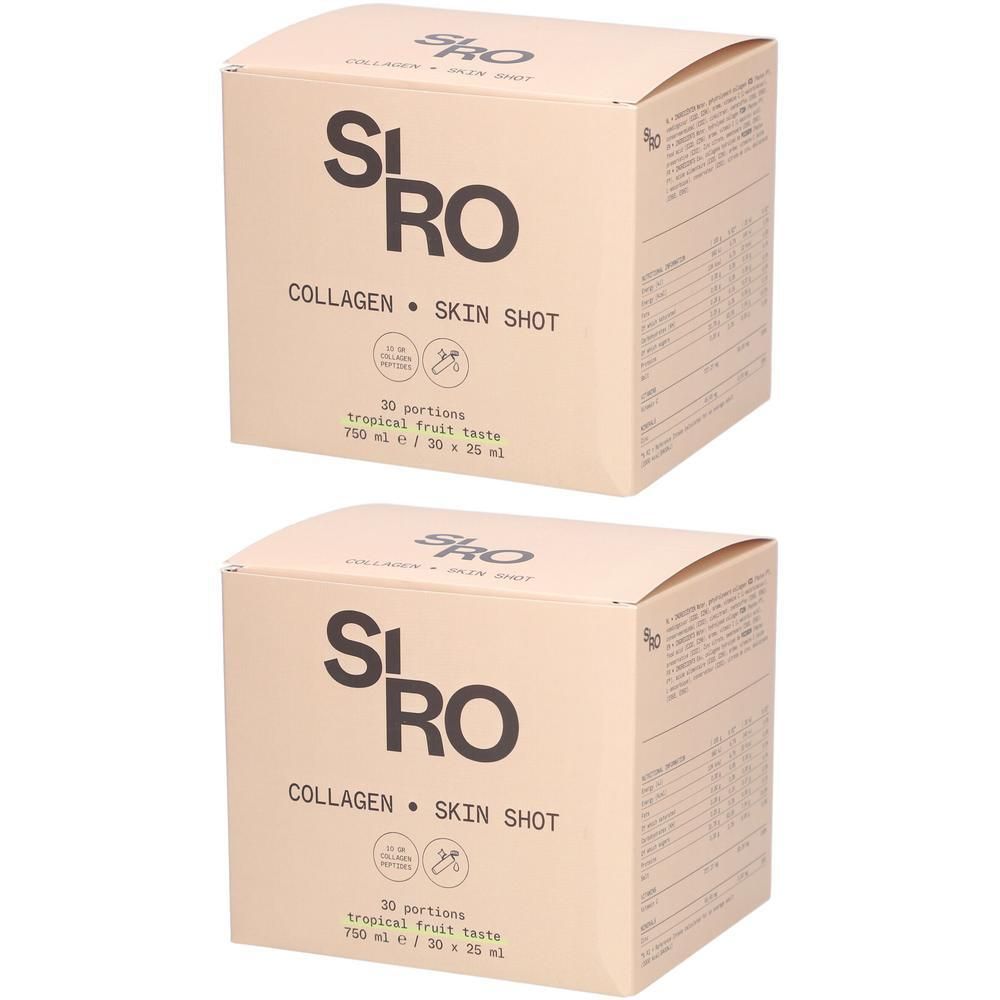 Zwei Kartons SiRo Collagen Skin Shot. Aufschrift: Collagen Skin Shot, 30 Portionen, tropischer Fruchtgeschmack.