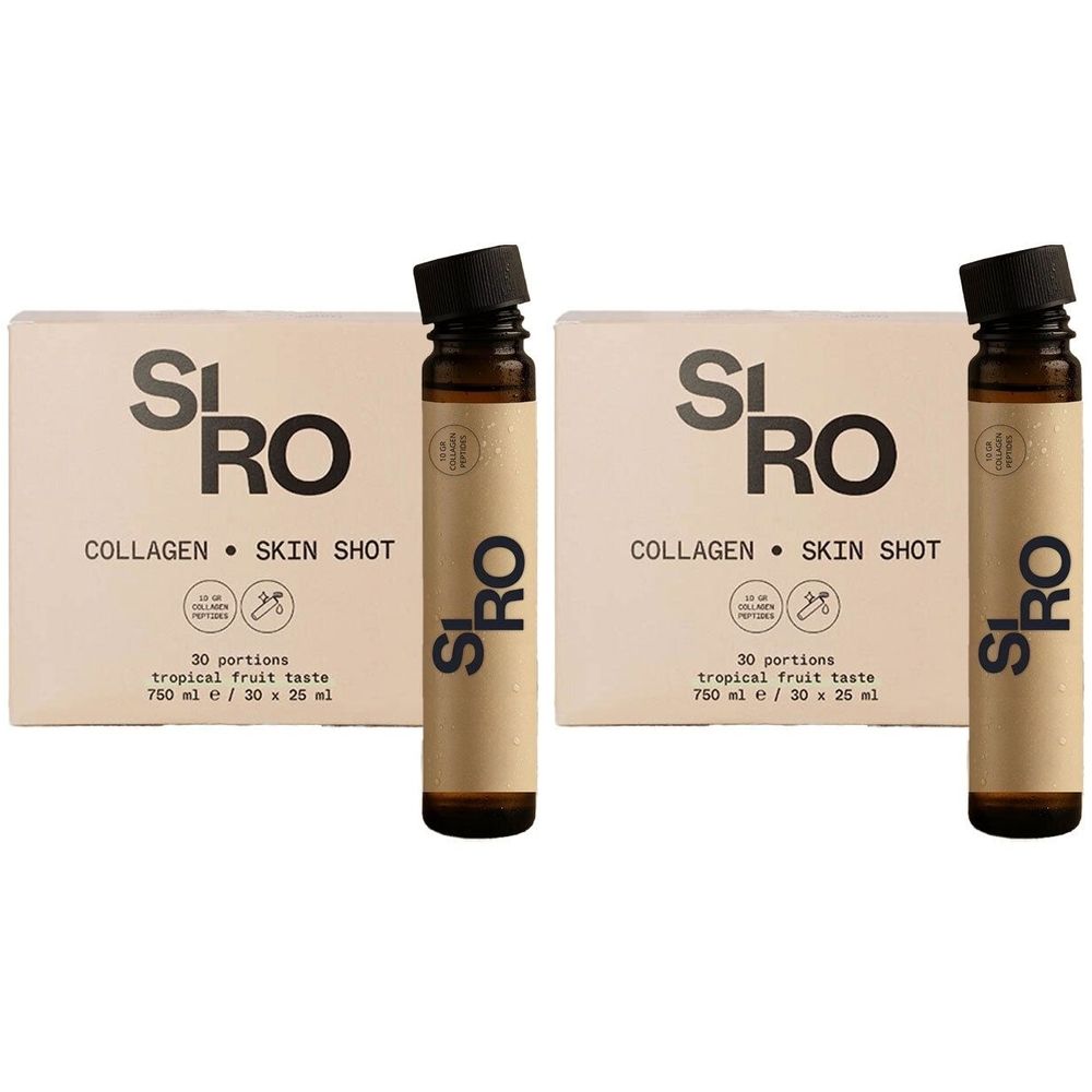 Twee flesjes SiRo Collagen Skin Shot naast twee dozen. Opschrift: Collagen Skin Shot, 30 porties.
