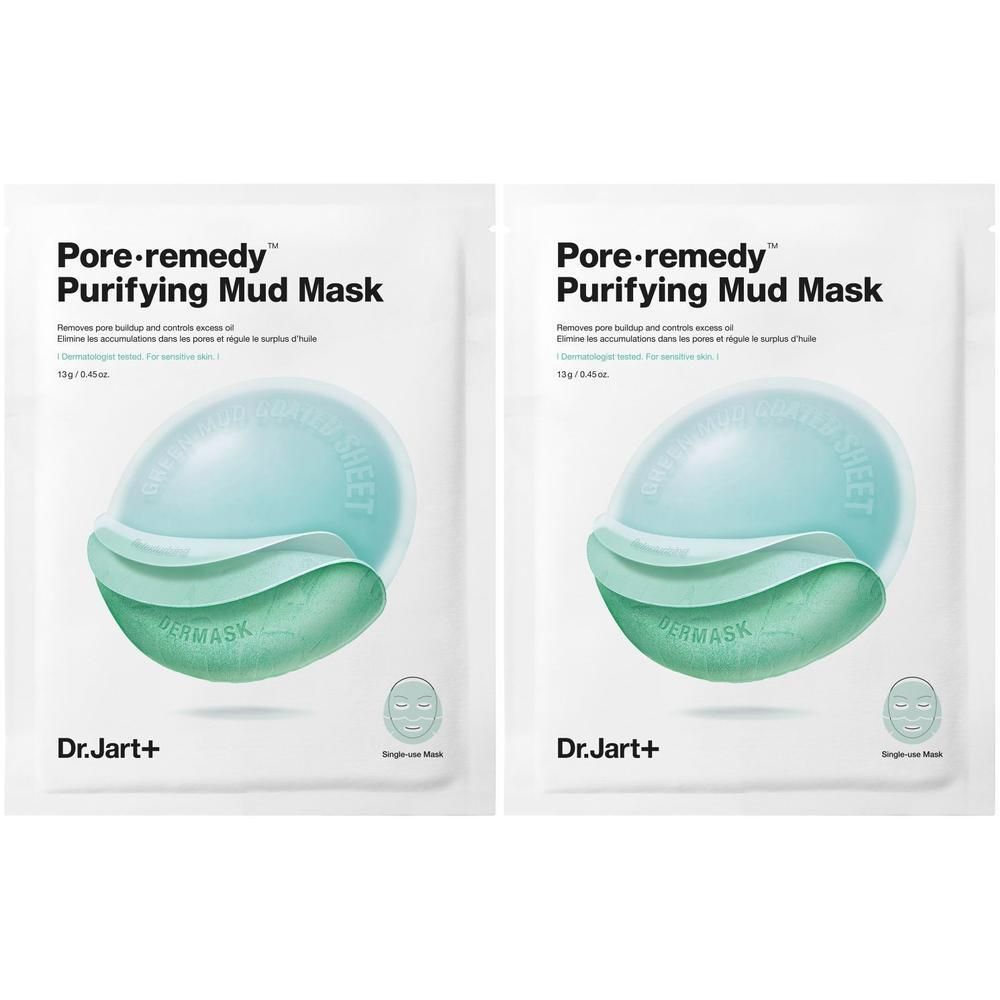 Zwei weiße Beutel mit Gesichtsmasken. Aufschrift: Pore·remedy Purifying Mud Mask. Marke: Dr.Jart+.