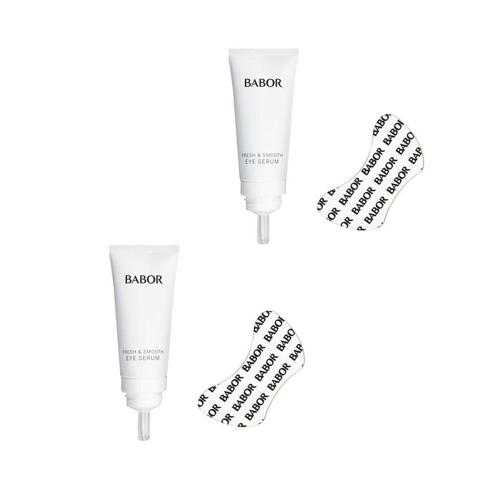 Zwei weiße Tuben BABOR Augen-Serum und zwei Augenpads mit BABOR-Aufdruck.