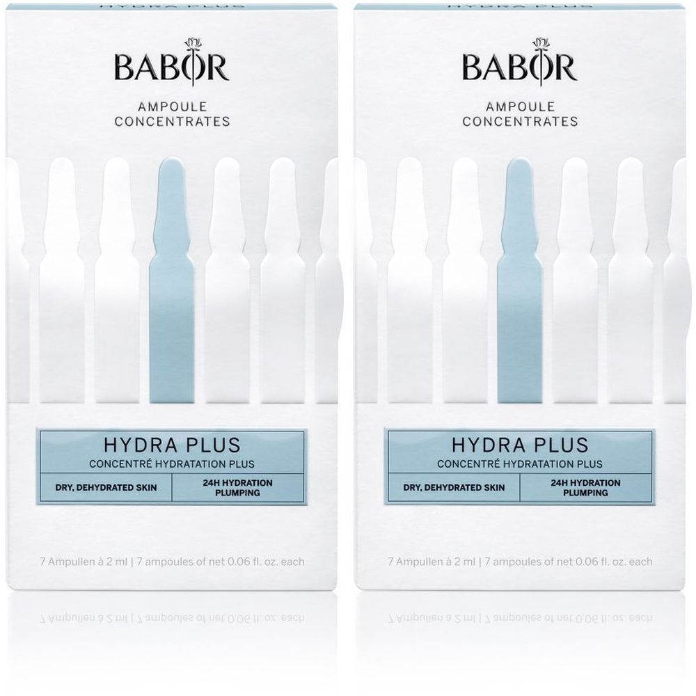 Zwei Packungen Babor Hydra Plus Ampullen. Jede Packung enthält 7 Ampullen. Aufschrift: Hydra Plus, für trockene, dehydrierte Haut.