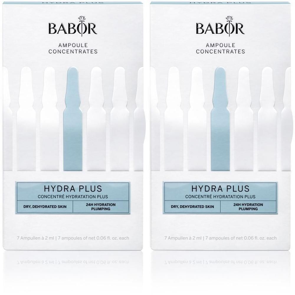 Zwei Packungen Babor Hydra Plus Ampullen. Jede Packung enthält 7 Ampullen. Aufschrift: Hydra Plus, für trockene, dehydrierte Haut.