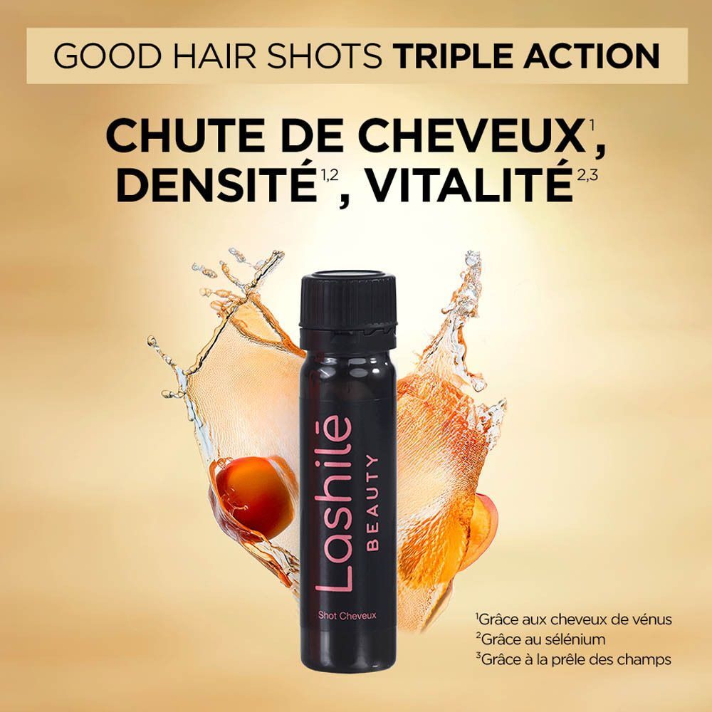 Deux boîtes roses Lashilé Beauty Good Hair Shots. Inscription : Chute de cheveux, densité, vitalité. Shots noirs.
