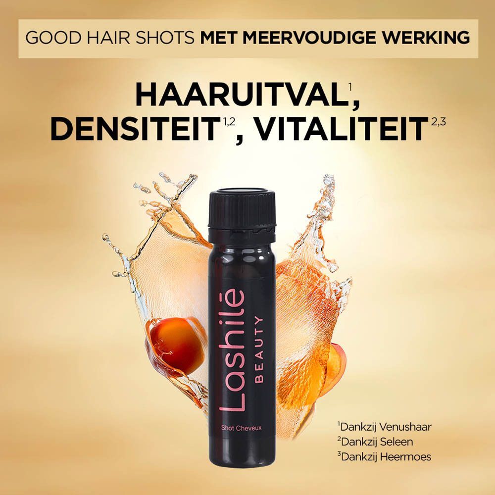 Twee roze dozen met Lashilé Beauty Good Hair Shots. Opschrift: Chute de cheveux, densité, vitalité. Zwarte shots.
