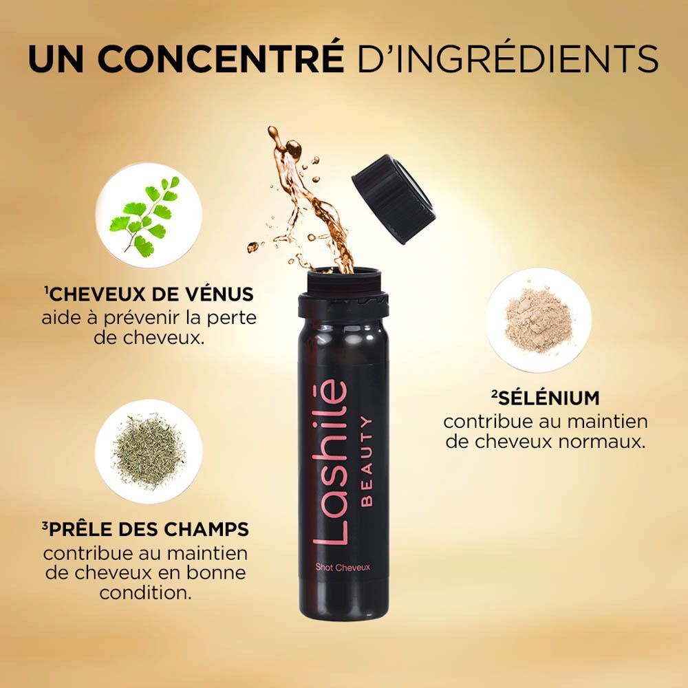 Flacon noir Lashilé Beauty. Texte : Good Hair Shots. Fond : éclaboussures de liquide et fruits.