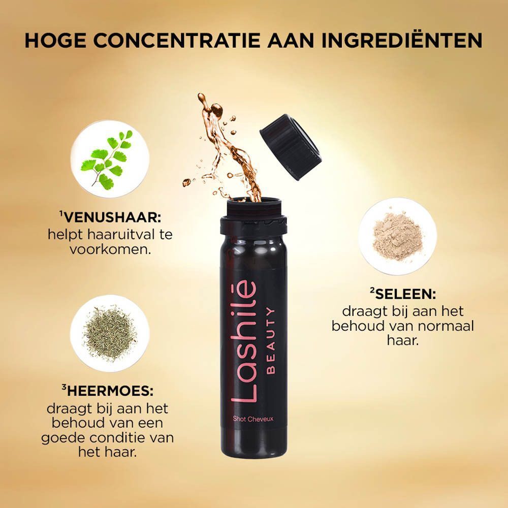 Zwarte fles Lashilé Beauty. Tekst: Good Hair Shots. Achtergrond: vloeistofspatten en fruit.