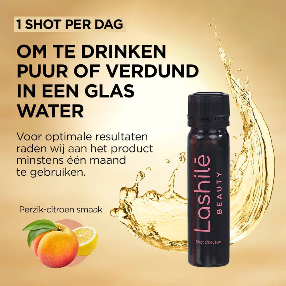 Zwarte fles Lashilé Beauty. Tekst: Good Hair Shots. Achtergrond: vloeistofspatten en fruit.