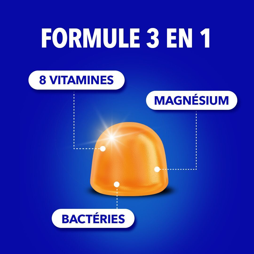 Deux flacons de gummies Omnibionta3 et quatre gummies individuels. Bouchon bleu, gummies orange.