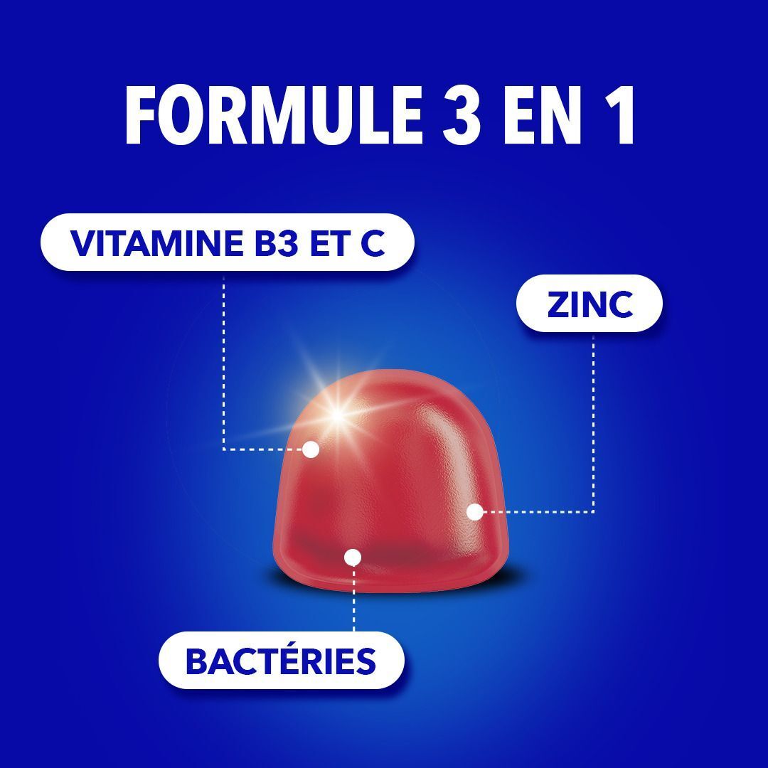Deux bouteilles de Gummies Omnibionta3 Défense, 60 gummies chacune, avec trois gummies à côté.