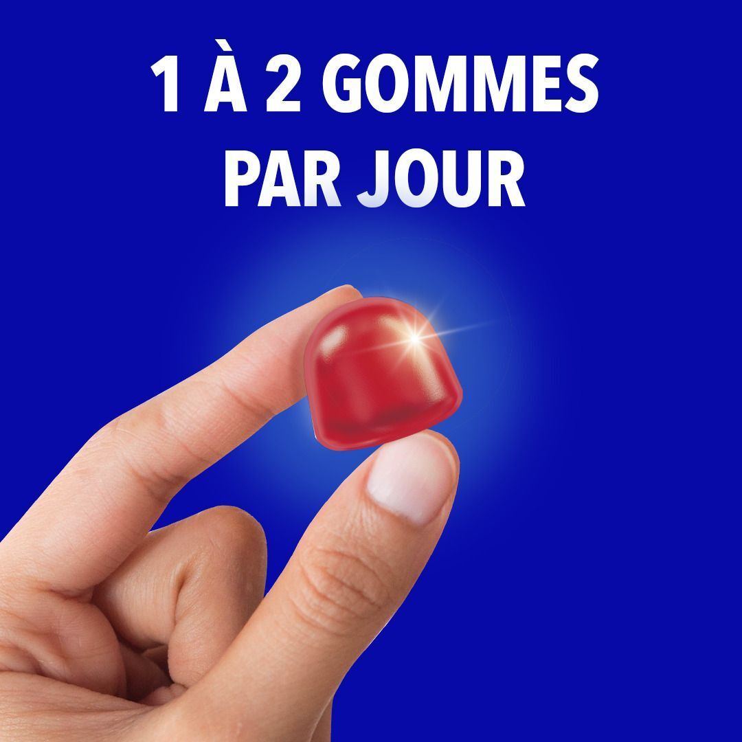 Une gummy rouge avec les ingrédients Vitamine B3, C, Zinc et Bactéries.