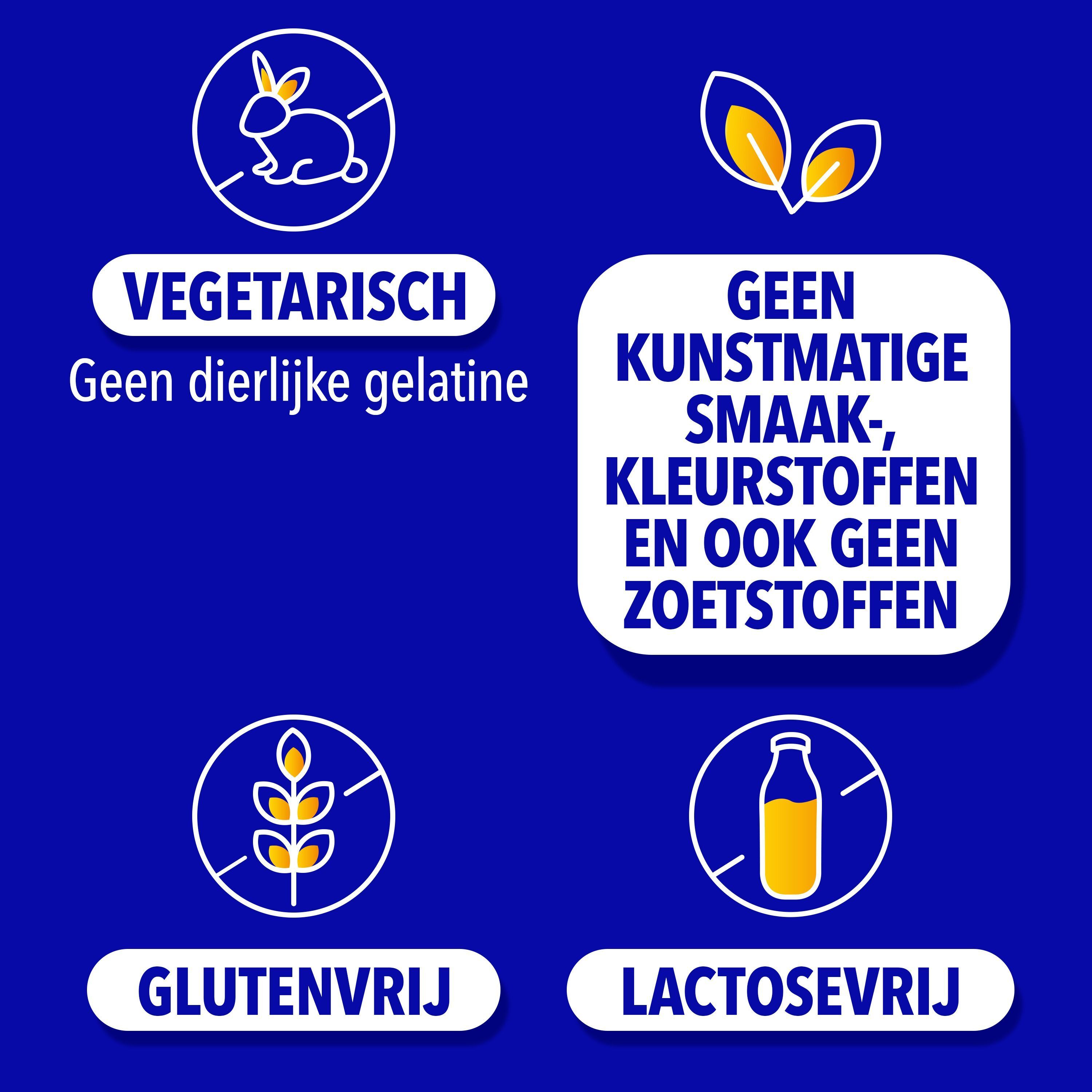 Voedingsstoffen per gummy: Vitamine B3, C, Zink en Bacteriën.
