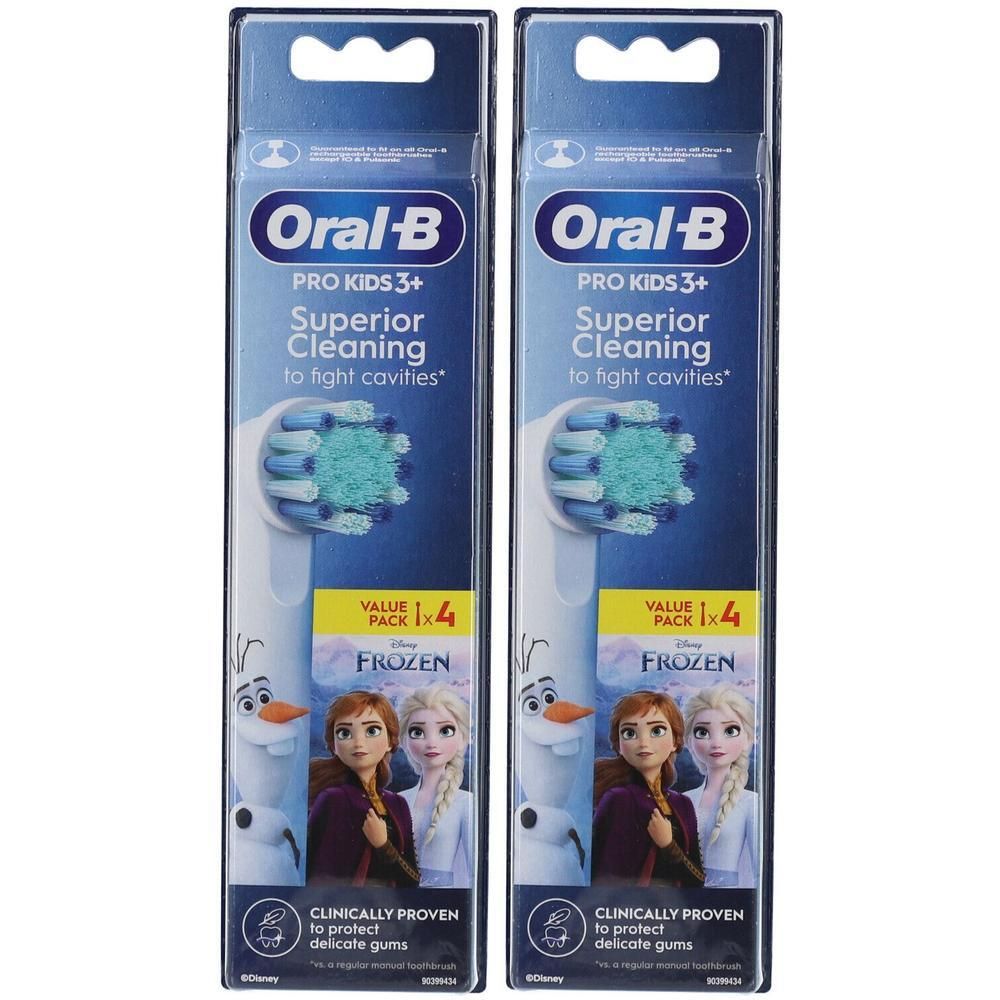 Zwei Oral-B Pro Kids 3+ Zahnbürstenköpfe. Verpackung mit Frozen-Motiv. Enthält vier Aufsätze. Klinisch geprüft für empfindliches Zahnfleisch.