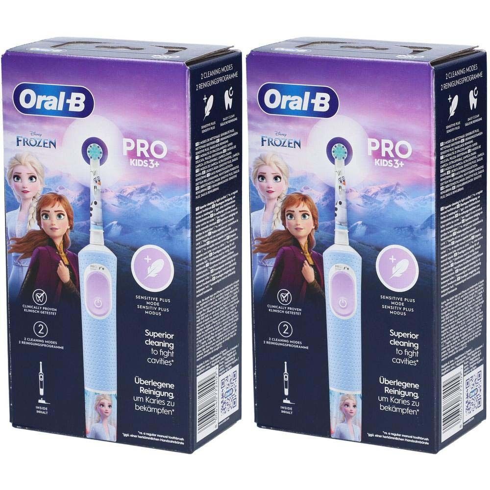 Zwei Oral-B Pro Kids 3+ Zahnbürsten in Verpackung. Aufdruck: Frozen-Figuren, Produktname, Reinigungsmodi.
