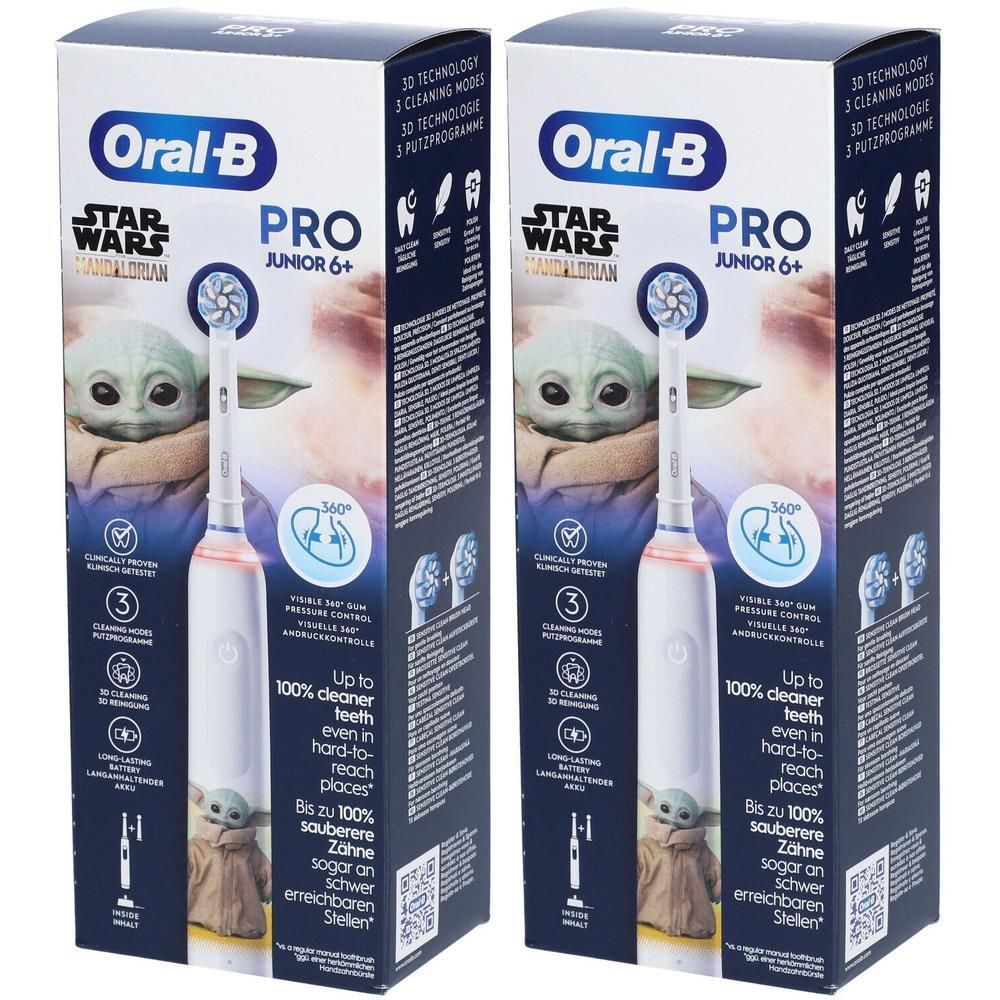 Zwei elektrische Zahnbürsten-Verpackungen. Aufdruck: Oral-B Pro Junior 6+, Star Wars Mandalorian, Baby Yoda.