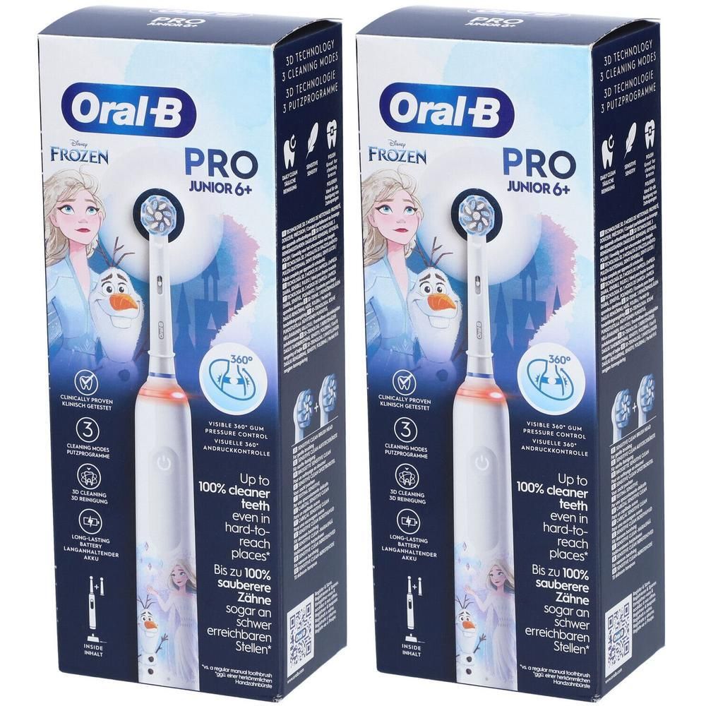 Zwei elektrische Zahnbürsten Oral-B Pro Junior 6+ in Verpackung. Aufdruck: Frozen, Olaf, 3 Putzmodi, 3D-Technologie.