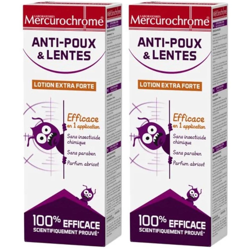 Deux boîtes de Mercurochrome Anti-Poux & Lentes Lotion Extra Forte.