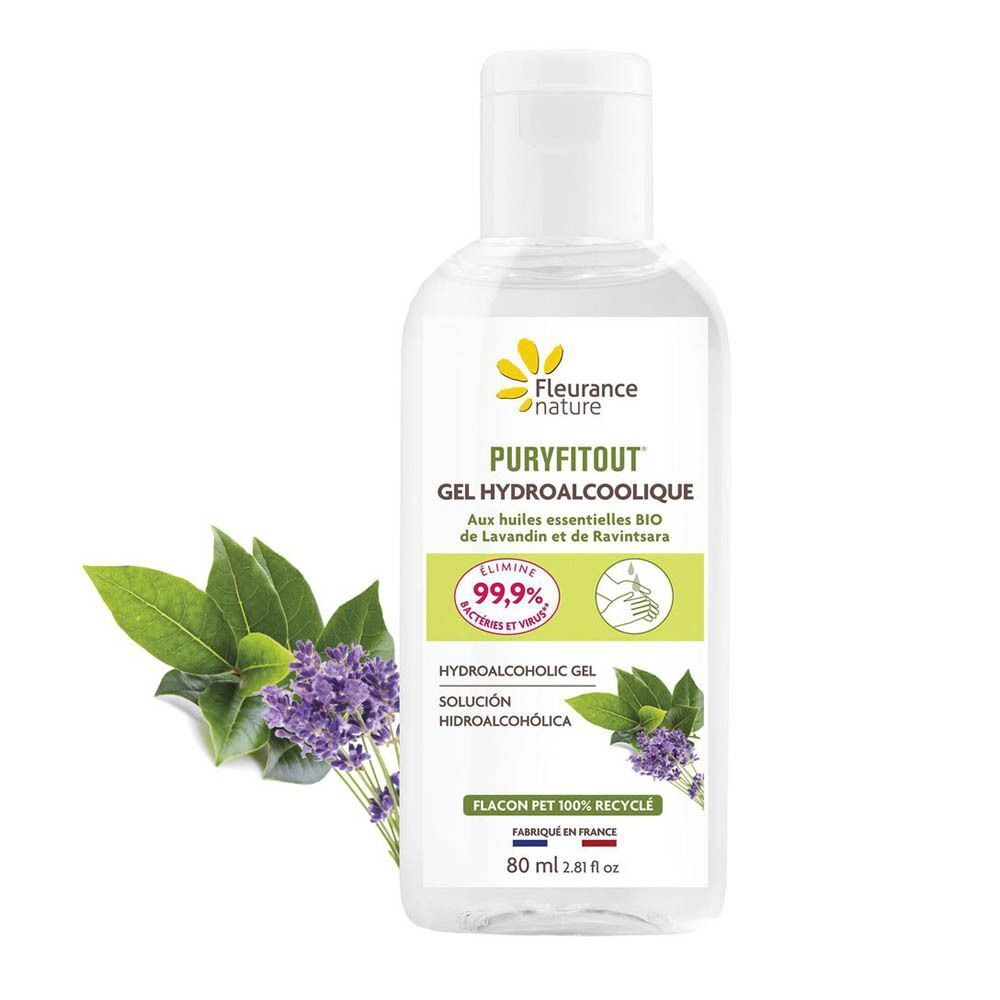 Eén fles Fleurance Nature Puryfitout Hydroalcoholic Gel met lavendel- en ravintsara-oliën, 80 ml.