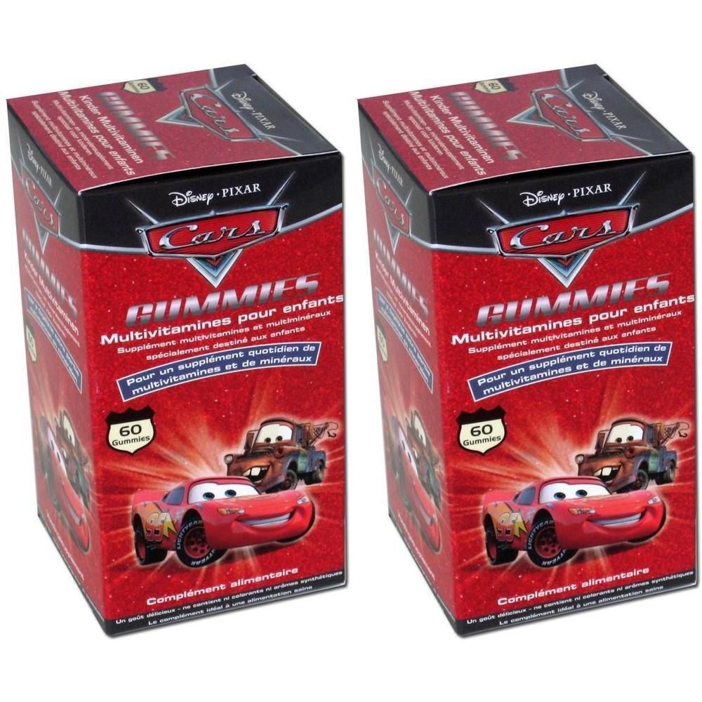Zwei Schachteln mit Disney Cars Gummibärchen. Rote Verpackung mit Cars-Figuren und Text. Enthält 60 Gummibärchen.
