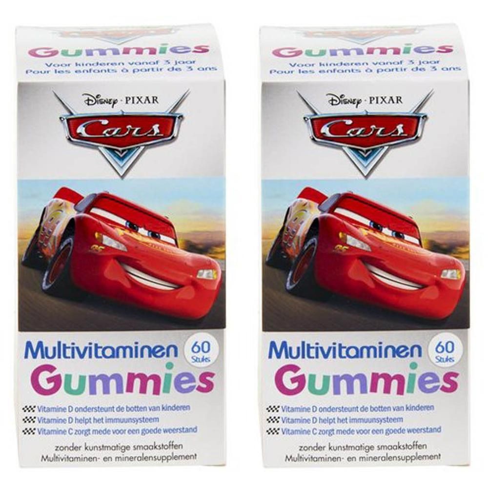Twee dozen Disney Cars multivitamine gummies. Witte verpakking met Cars-motief en tekst. Bevat 60 stuks.