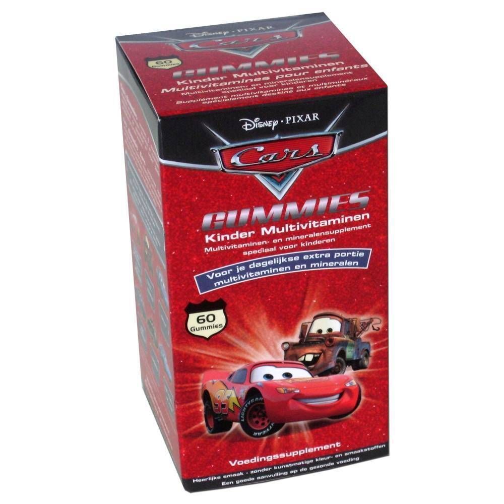 Eine Schachtel Disney Cars Gummibärchen. Rote Verpackung mit Cars-Figuren und Text. Enthält 60 Gummibärchen.