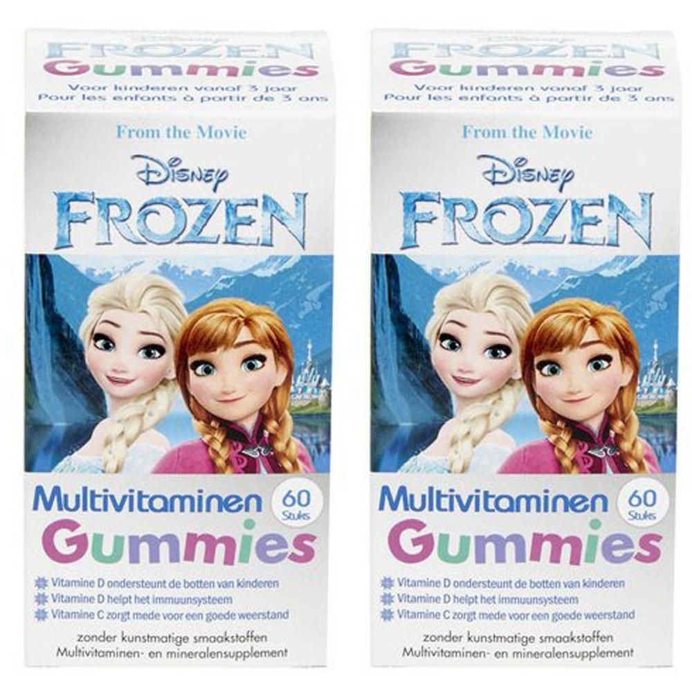 Deux boîtes de Disney Frozen Multivitamin Gummies. Elsa et Anna illustrées. Texte en néerlandais et français.