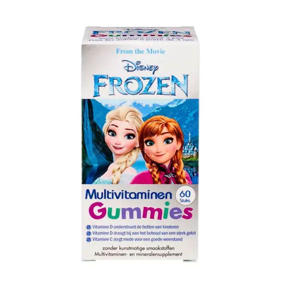 Une boîte de Disney Frozen Multivitamin Gummies. Elsa et Anna illustrées. Texte en néerlandais.