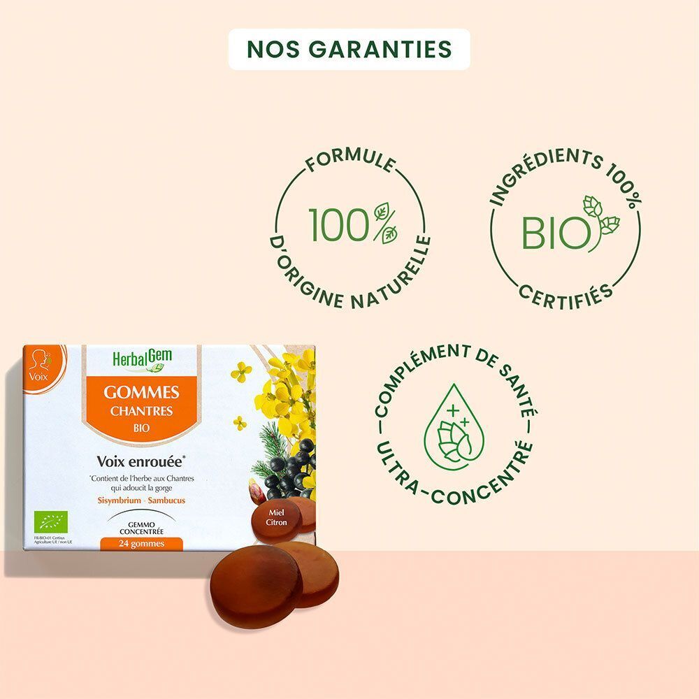 Une boîte de gommes à mâcher HerbalGem. Inscription : Gommes Chantres Bio, 24 gommes. Avec fleurs jaunes et baies noires.