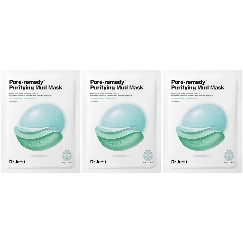 Drei Dr.Jart+ Pore·remedy Purifying Mud Mask Päckchen nebeneinander auf weißem Hintergrund.