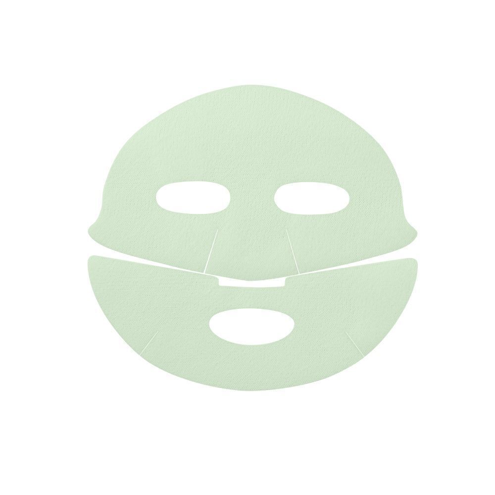 Eine hellgrüne Gesichtsmaske mit Augen-, Nasen- und Mundöffnungen, auf weißem Hintergrund.