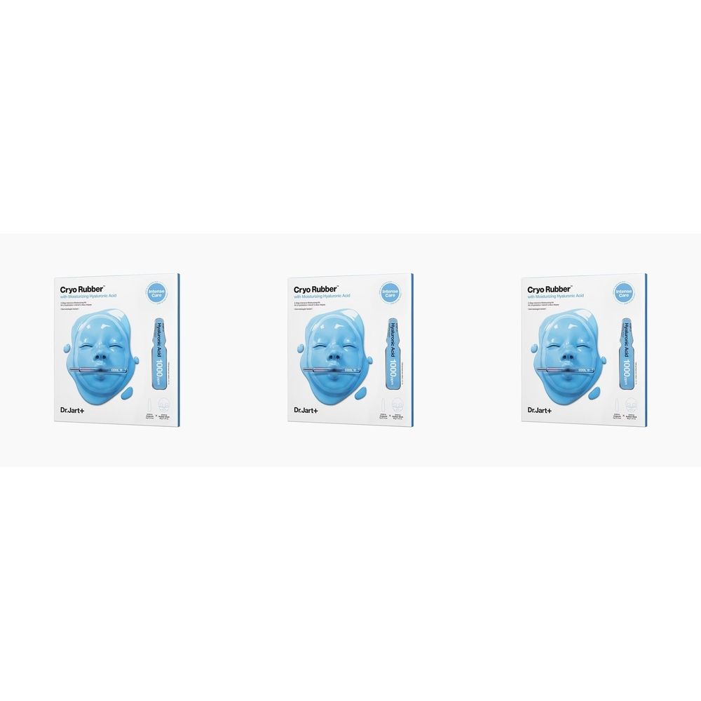 Drei Produktverpackungen. Jede zeigt ein blaues Gesicht, eine Ampulle und den Schriftzug "Cryo Rubber".